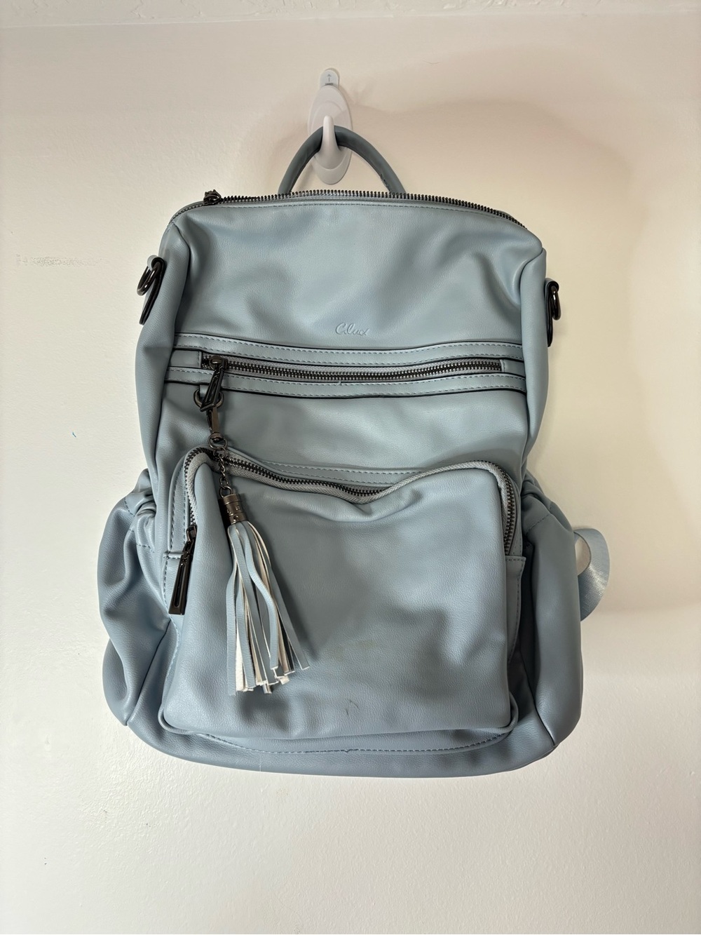 Light Blue Synthetic Leather Backpack Purse with Tassel